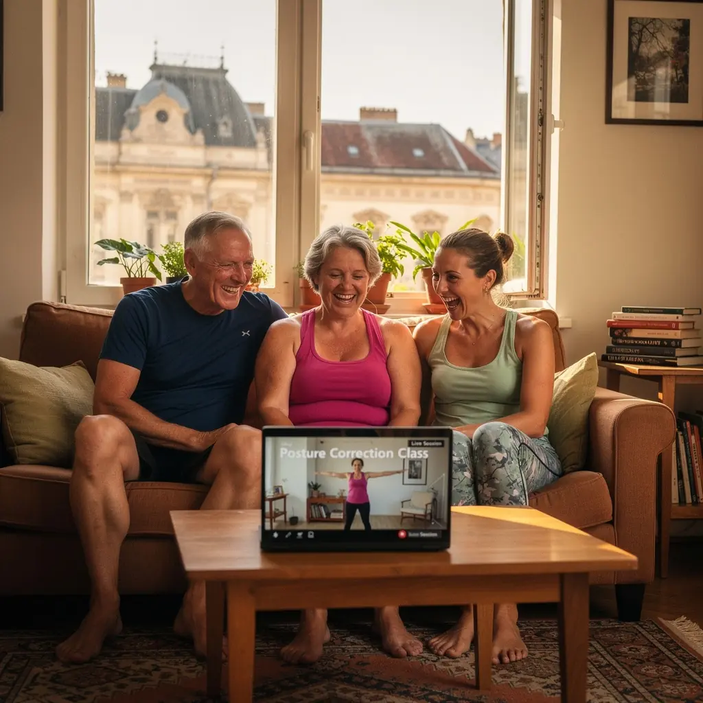 Különböző fitneszeszközök, mint például gumiszalagok és kézi súlyzók, láthatók az edzés során.