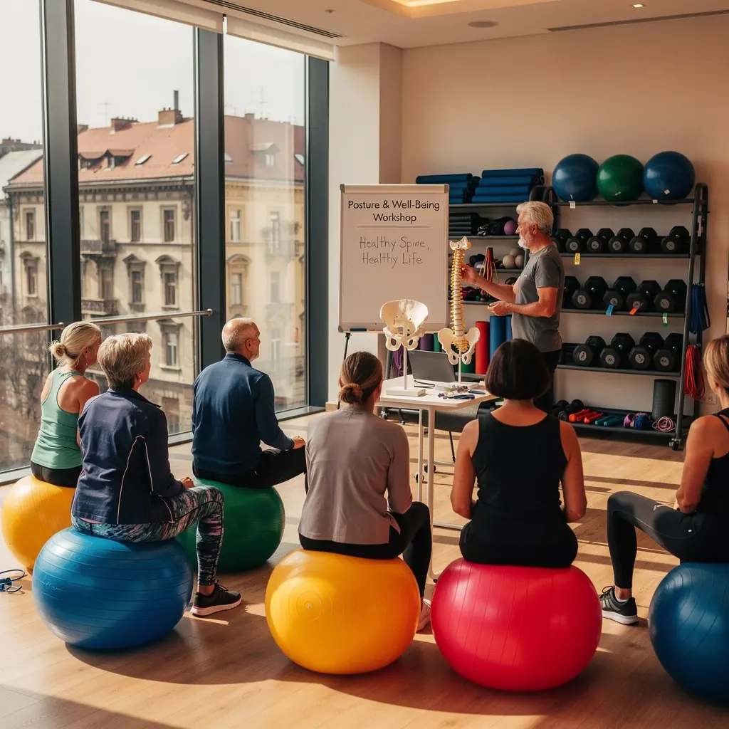 Idősebb felnőttek csoportos edzése, ahol a résztvevők a helyes testtartást gyakorolják.